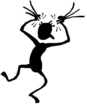 Black stick figure with spiky hair, arms raised, and hands clutching head in frustration or anger.
