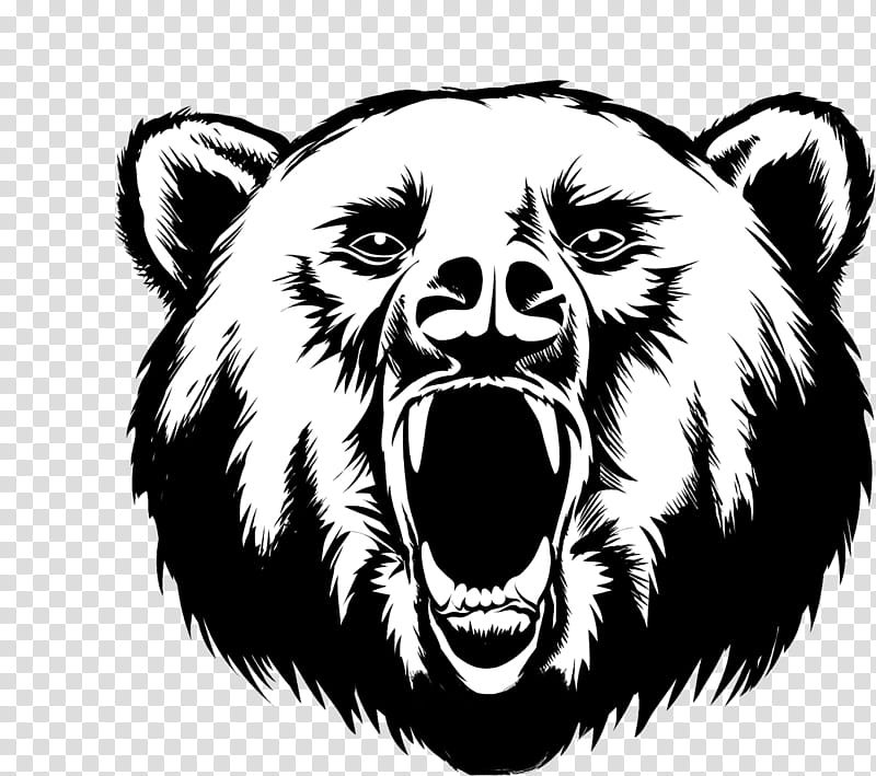 Black and white vector illustration of a roaring bear head with intense eyes and bared teeth.