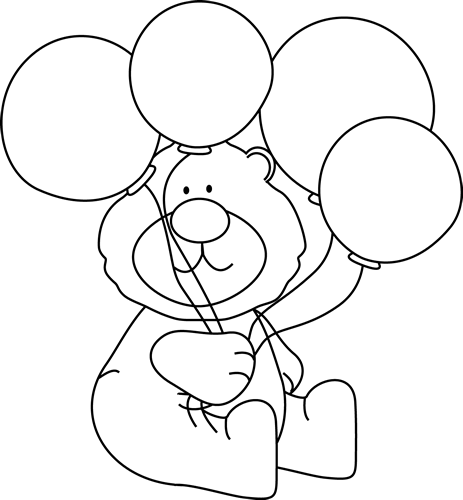 A cartoon bear holding four round balloons, sitting and smiling, black-and-white line art suitable for coloring.