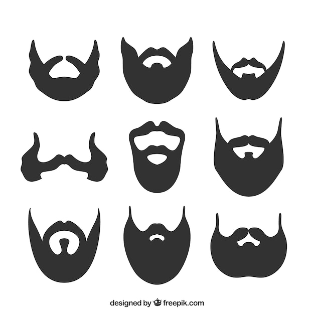 Nine black silhouette styles of beards and mustaches on white background, including goatee, full beard, handlebar, and soul patch.