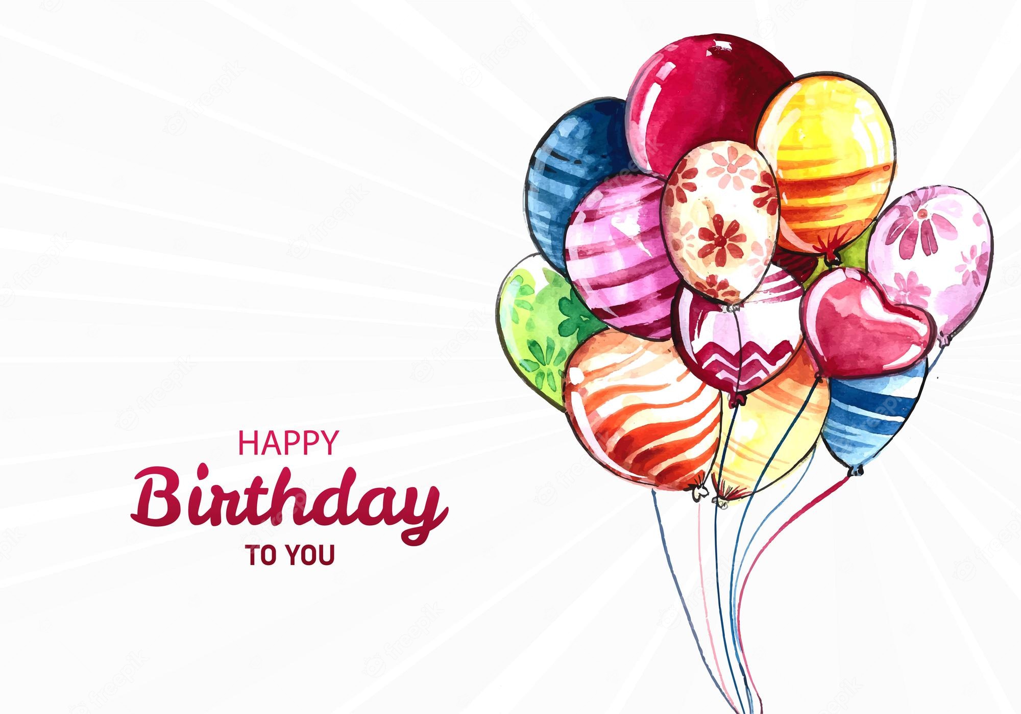 Watercolor-style colorful birthday balloons with floral and striped patterns, tied together, beside "Happy Birthday to You" text.