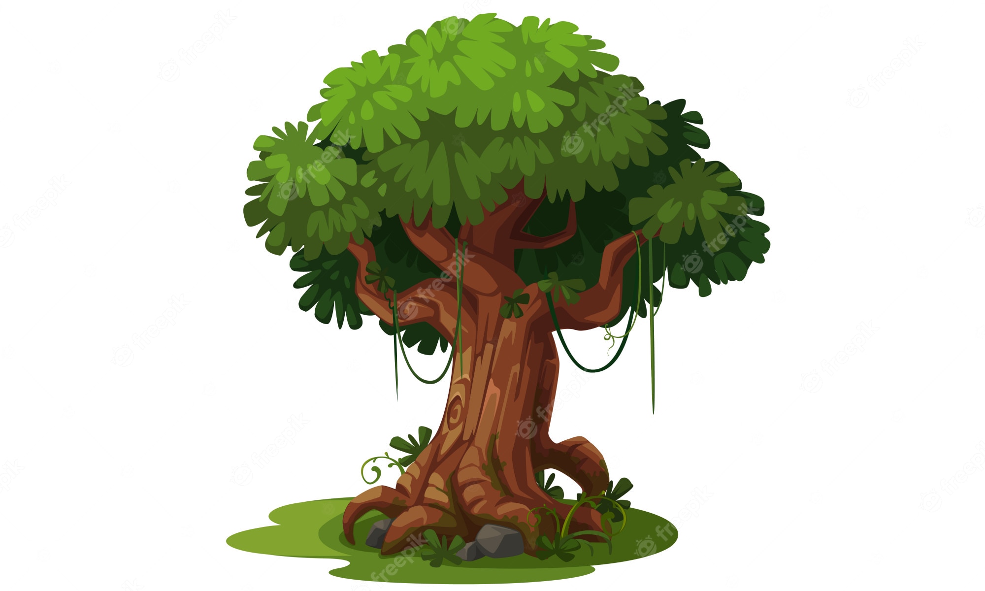 A lush, cartoon-style ancient tree with thick brown trunk, sprawling roots, green canopy, and hanging vines on a grassy patch.