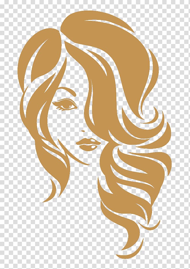 Golden stylized silhouette of a woman’s face with flowing hair and elegant features on transparent background.