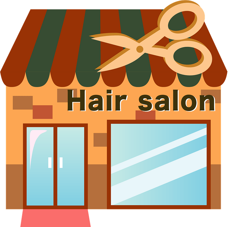 Colorful cartoon illustration of a hair salon storefront with striped awning and giant scissors on roof.