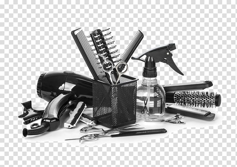 Collection of professional hairdressing tools including blow dryer, scissors, combs, spray bottle, flat iron, and brushes on transparent background.