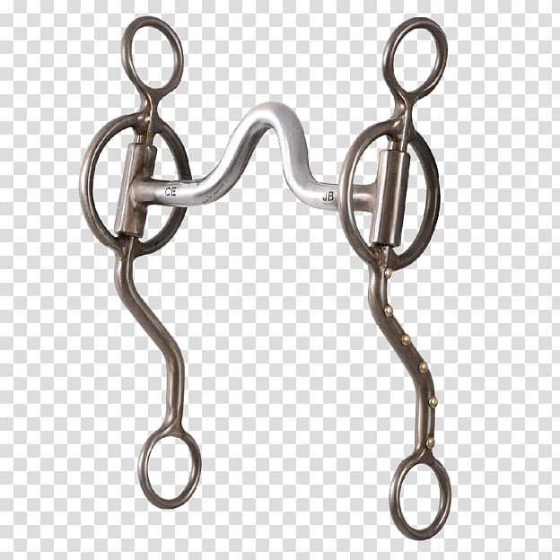 Stainless steel snaffle bit with curved mouthpiece, rings, and decorative studs for equestrian use.