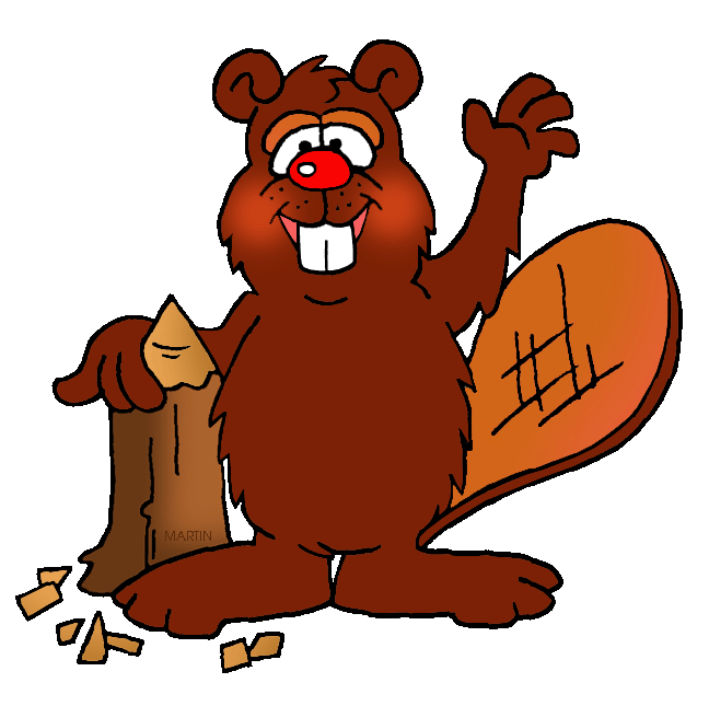 Friendly cartoon beaver with red nose, waving while holding a chewed log and showing its large tail.