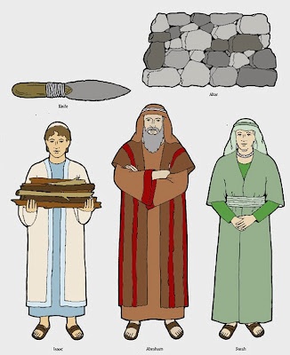Illustration of Isaac, Abraham, and Sarah with altar stones, knife, and wood for sacrifice; biblical scene from Genesis 22.