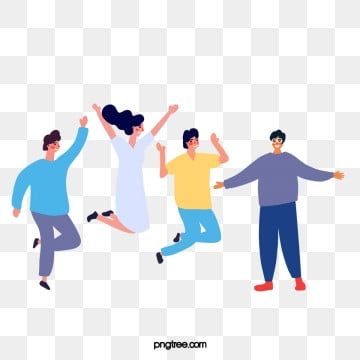 Four diverse people joyfully jumping and celebrating together in flat vector style.
