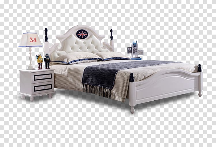 White tufted headboard bed with navy accents, matching nightstand, lamp, and decorative items on transparent background.