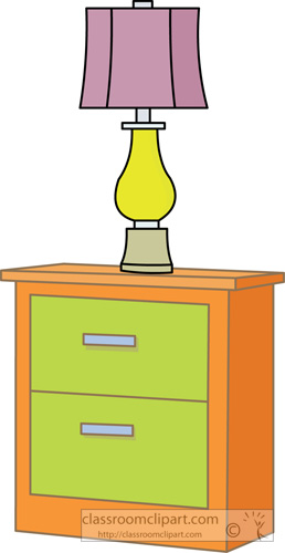 Colorful cartoon-style table lamp on an orange nightstand with two green drawers.