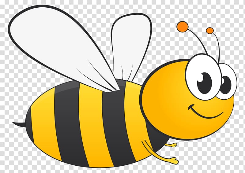 Cheerful cartoon bee with striped yellow-black body, large eyes, and translucent wings flying on transparent background.