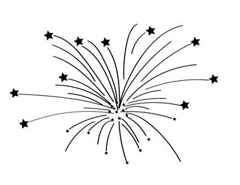 Black-and-white line drawing of a fireworks burst with stars and trails, symbolizing celebration or festivity.