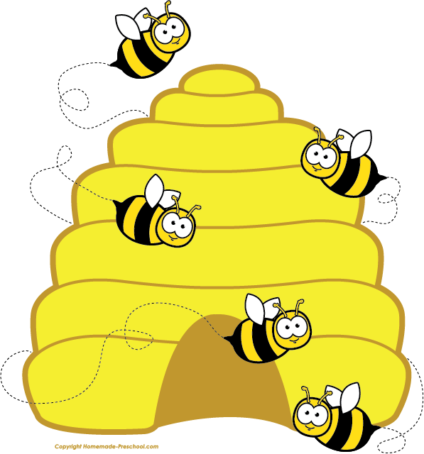 Cartoon bees flying around a yellow beehive with smiling faces and dotted flight paths.