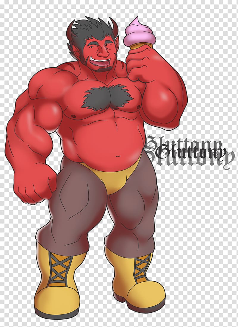 Red muscular demon with horns holding pink ice cream, smiling broadly in yellow boots and briefs.
