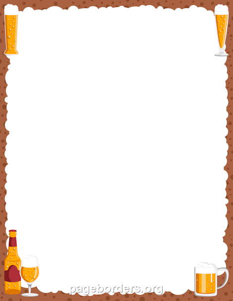 Decorative beer-themed border with four illustrated beer glasses and a bottle on brown dotted background.