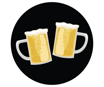 Two frothy beer mugs clinking in a black circular background, symbolizing celebration or social drinking.