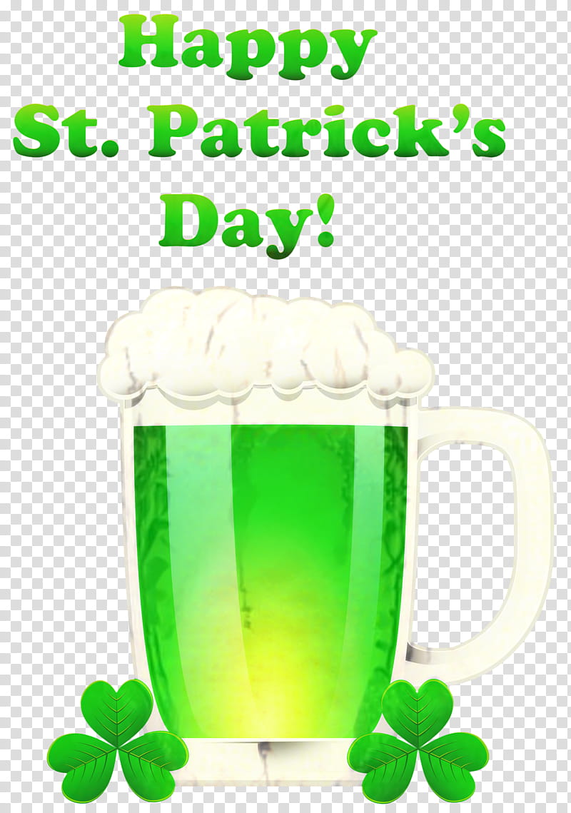 Happy St. Patrick’s Day graphic with green beer mug and shamrocks on transparent background.
