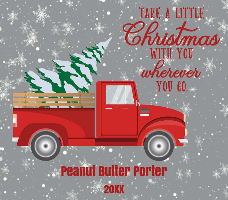 Red vintage pickup truck carrying a snowy Christmas tree, with festive text and snowflakes on gray background.