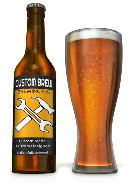Brown beer bottle labeled "Custom Brew Brewing Co." next to a full pint glass of amber beer with foam head and bubbles.