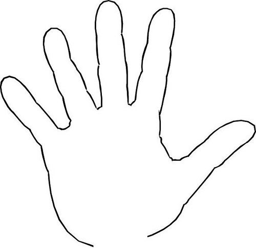 Simple black-and-white line drawing of an open human hand with five spread fingers, palm facing forward.