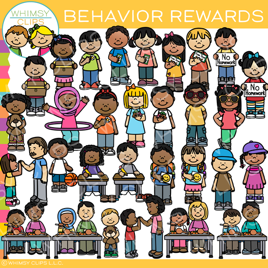 Diverse group of illustrated children receiving behavior rewards like trophies, certificates, and positive signs in a classroom setting.