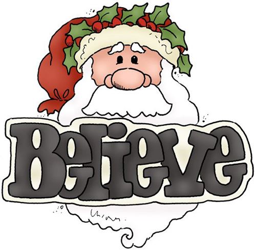 Santa Claus with holly wreath and sack, above bold "Believe" text in festive clipart style.