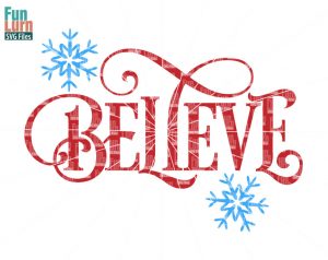 Red ornate "BELIEVE" text with blue snowflakes on white background, festive holiday design.