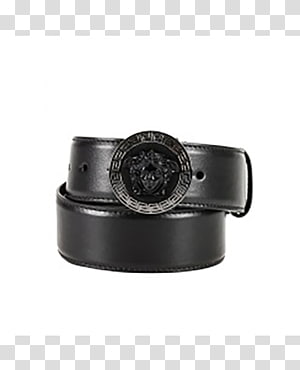 Black leather belt with iconic Medusa head buckle and Greek key border, coiled neatly on white background.