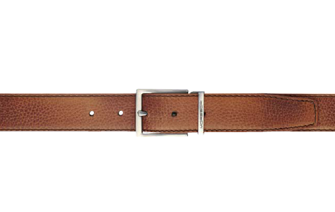 Brown pebbled leather belt with silver-tone buckle and stitched edges, displayed horizontally on white background.