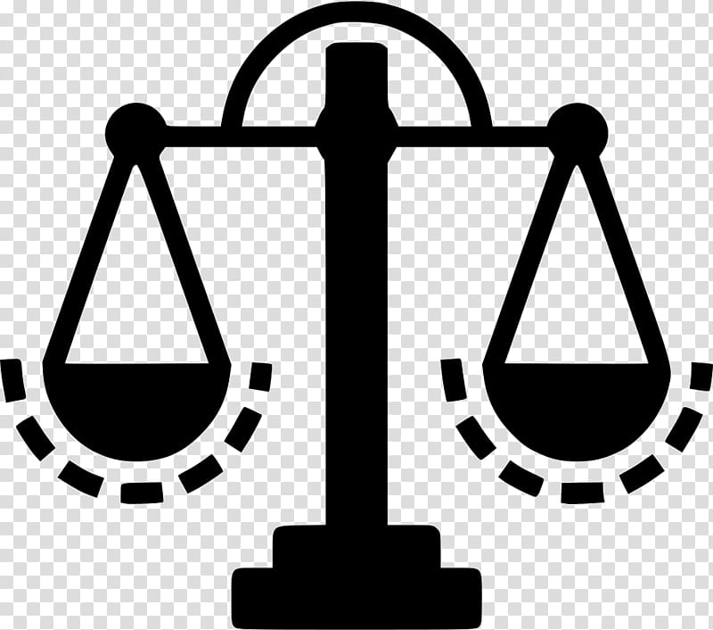 Black silhouette of balanced justice scales with dashed arcs indicating equilibrium or fairness.