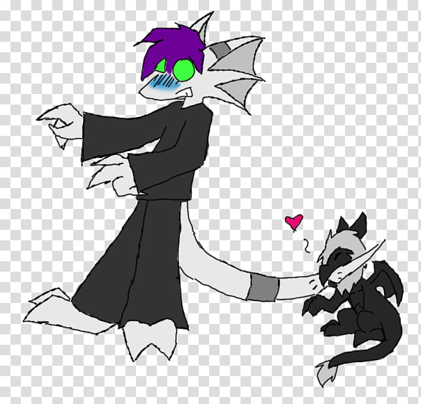 A purple-haired, green-eyed dragon-like figure in a black robe gently holds a small black-and-white dragon with a heart above it.
