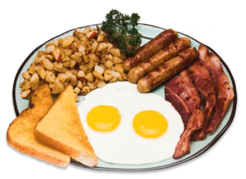 Hearty breakfast plate with sunny-side-up eggs, crispy bacon, sausages, hash browns, toast, and parsley garnish.