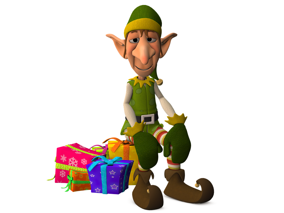 Cheerful 3D elf in green outfit sitting beside colorful wrapped Christmas gifts.