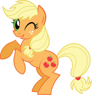 Applejack, an orange Earth pony with blonde mane and tail, winking playfully with three red apples on her flank.