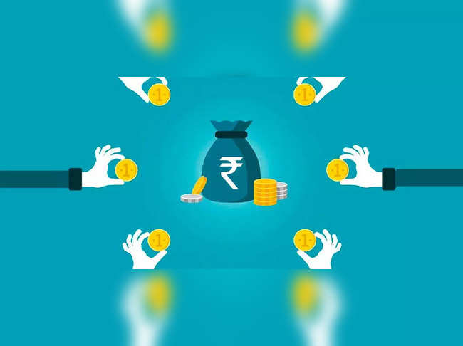 Multiple hands contributing coins to a central Indian rupee money bag, symbolizing collective savings or crowdfunding.