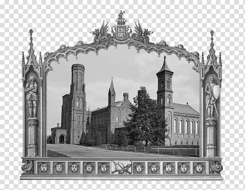 Gothic-style architectural engraving of a historic university or monastery complex framed by ornate heraldic border with knights and coats of arms.
