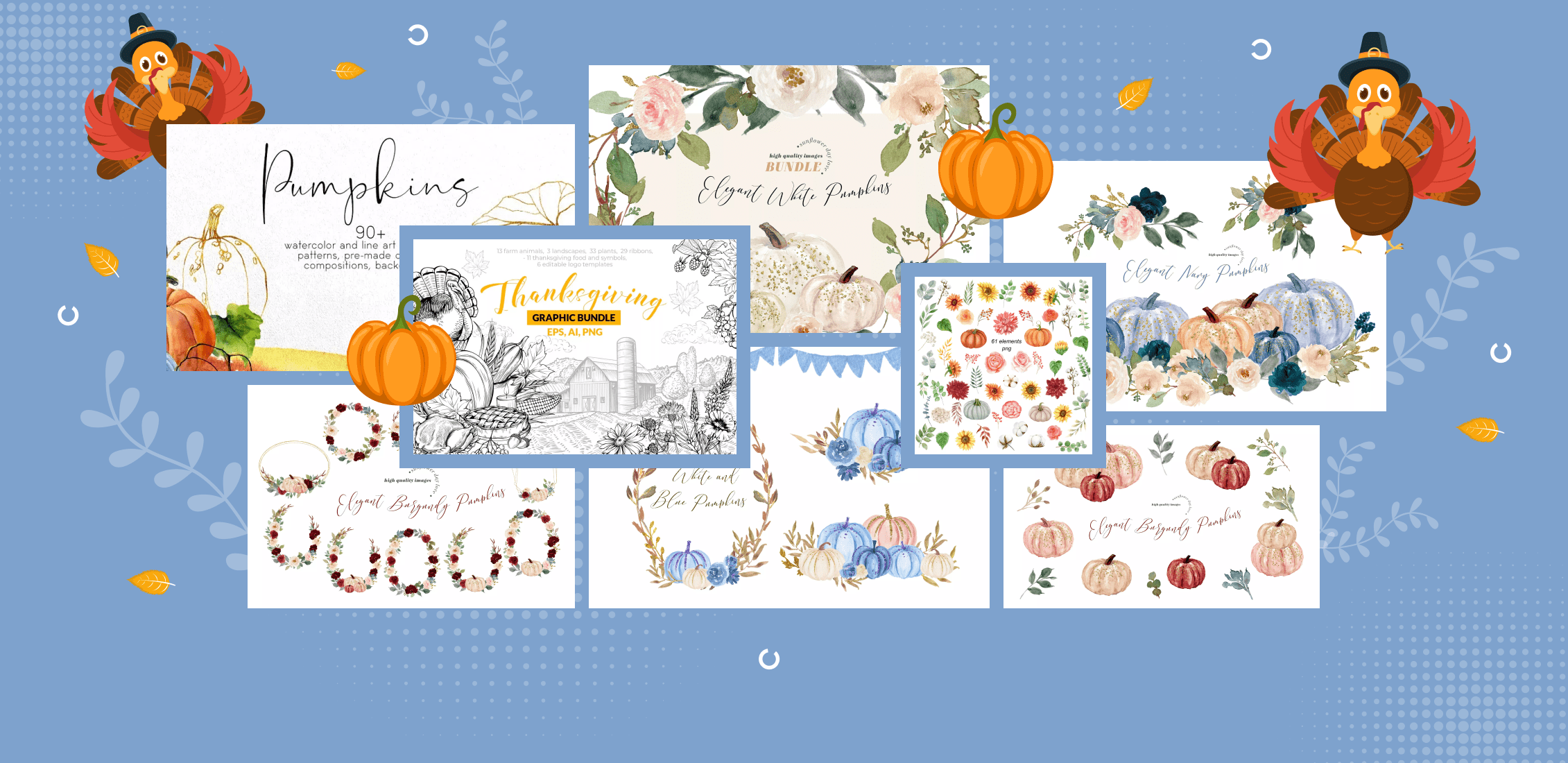 Set of high quality hand drawn Kawaii Thanksgiving clipart