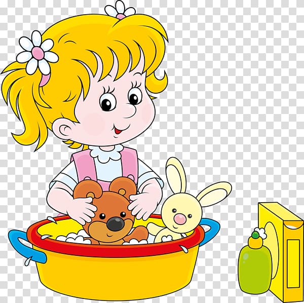 A cheerful blonde girl washing stuffed toys-bear and rabbit-in a yellow basin with soap suds, flowers in her hair, and bath products nearby.