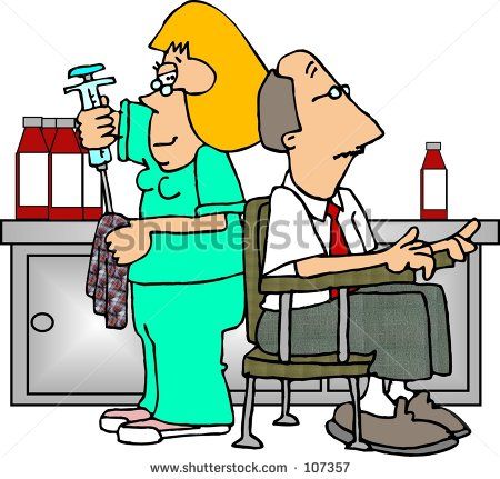 A nurse in green scrubs holds a syringe while a nervous man sits in a chair at a medical counter with bottles nearby.