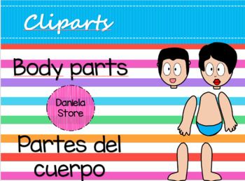 Colorful educational clipart showing two cartoon children with labeled body parts in English and Spanish.