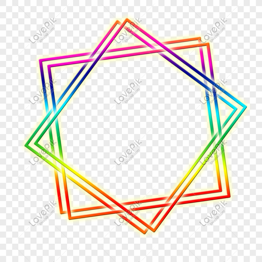 Rainbow gradient octagonal frame with overlapping neon lines on transparent background.