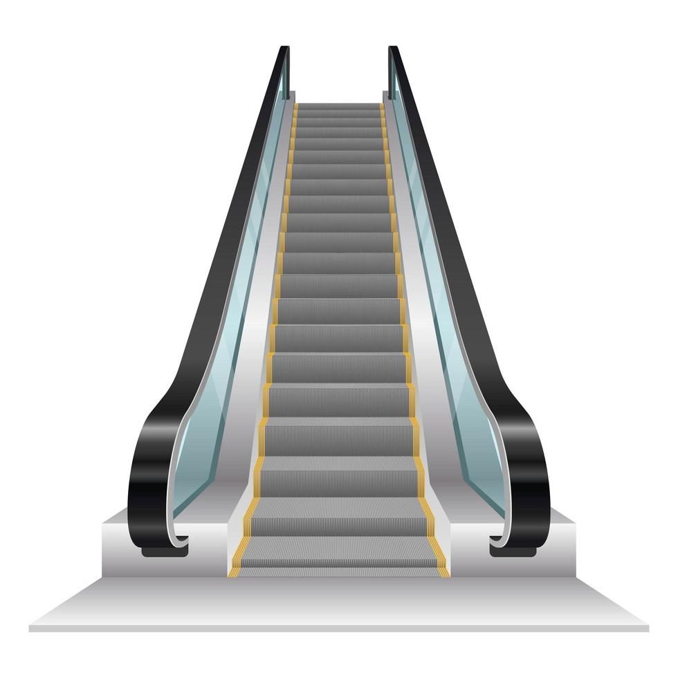 Modern escalator with glass side panels, black handrails, and yellow safety edges on gray steps.