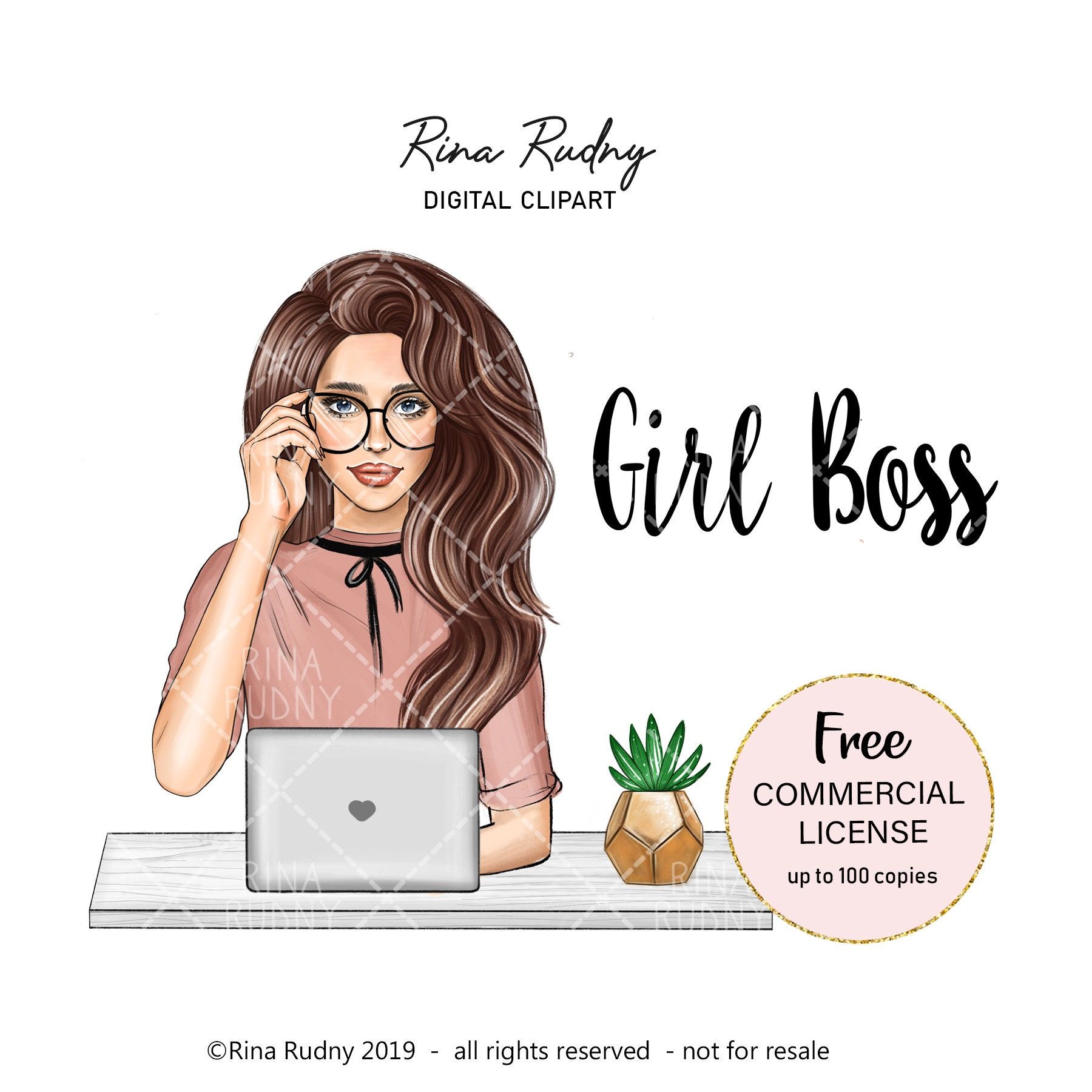 Illustrated girl boss at desk with laptop, glasses, and succulent; "Girl Boss" text and free commercial license badge.