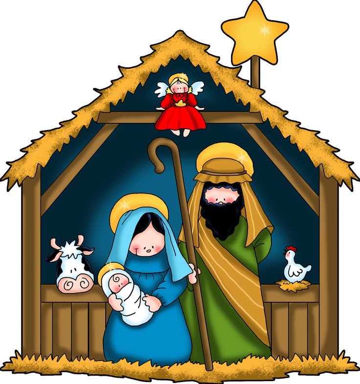 Cartoon nativity scene with Mary, Joseph, baby Jesus, angel, cow, chicken, and star of Bethlehem.