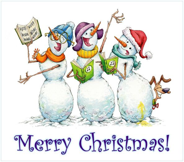 Three cheerful snowmen singing Christmas carols with sheet music and a playful dog peeking from behind.