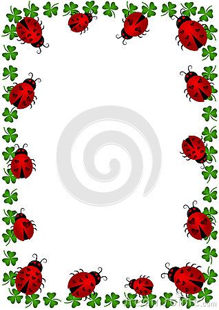 Decorative border with red ladybugs and green clovers framing a white center with spiral watermark.