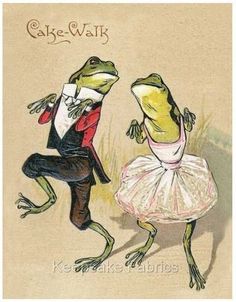 Two anthropomorphic frogs dancing in formal attire-male in tuxedo, female in ballet dress-under "Cake-Walk" title.