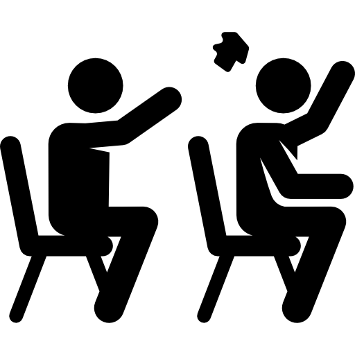 Two stylized figures seated, one raising hand with starburst symbol indicating participation or feedback.