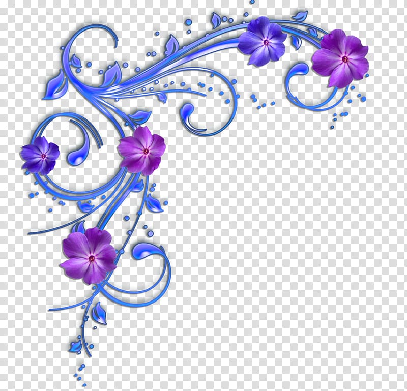 Blue ornamental swirls with purple flowers and leaf accents on transparent background.
